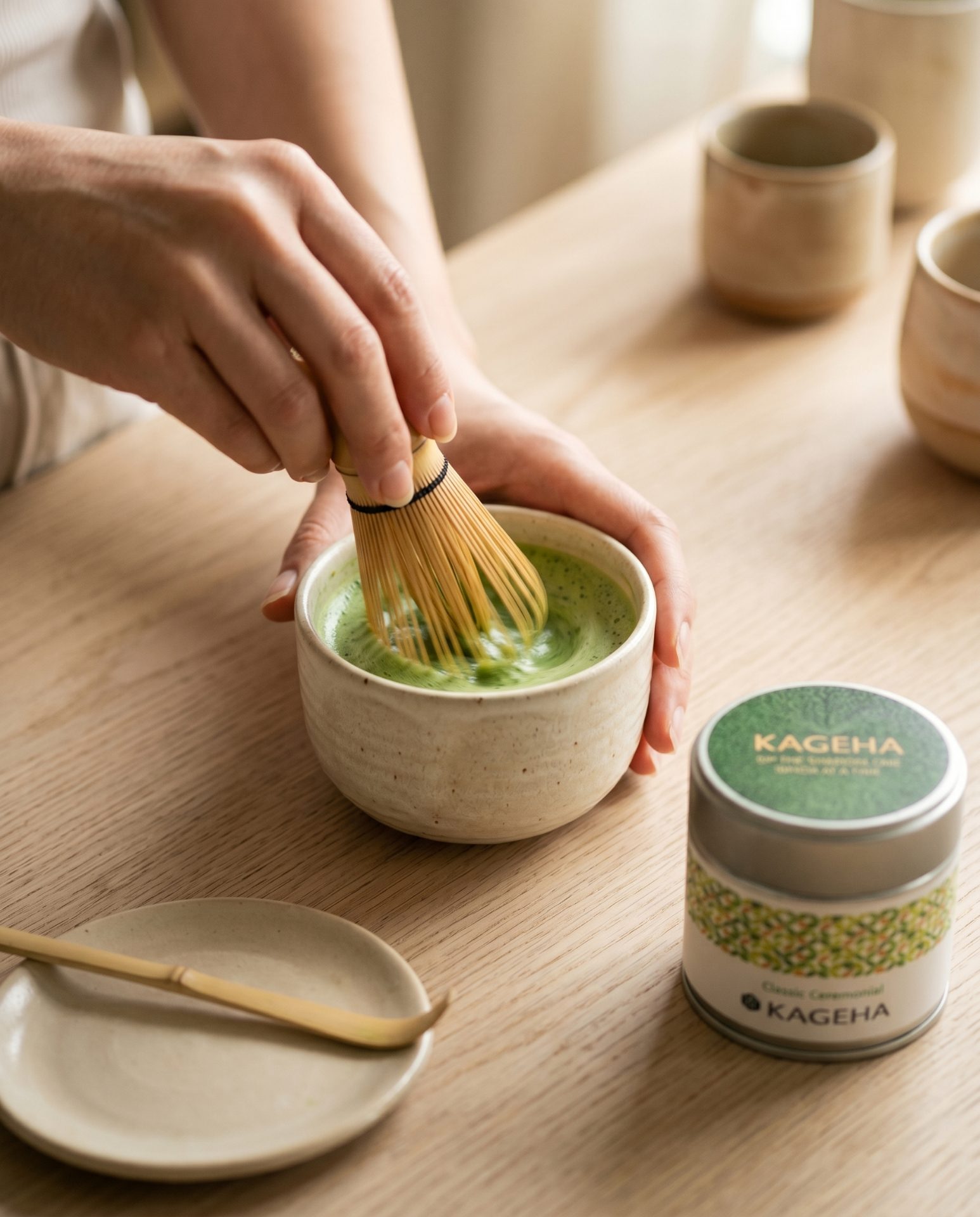 Whisking ceremonial matcha