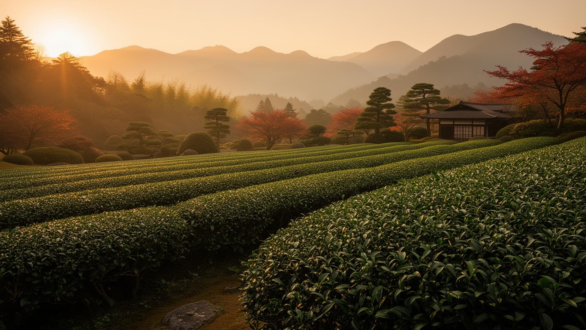 Sunlit tea garden in mist