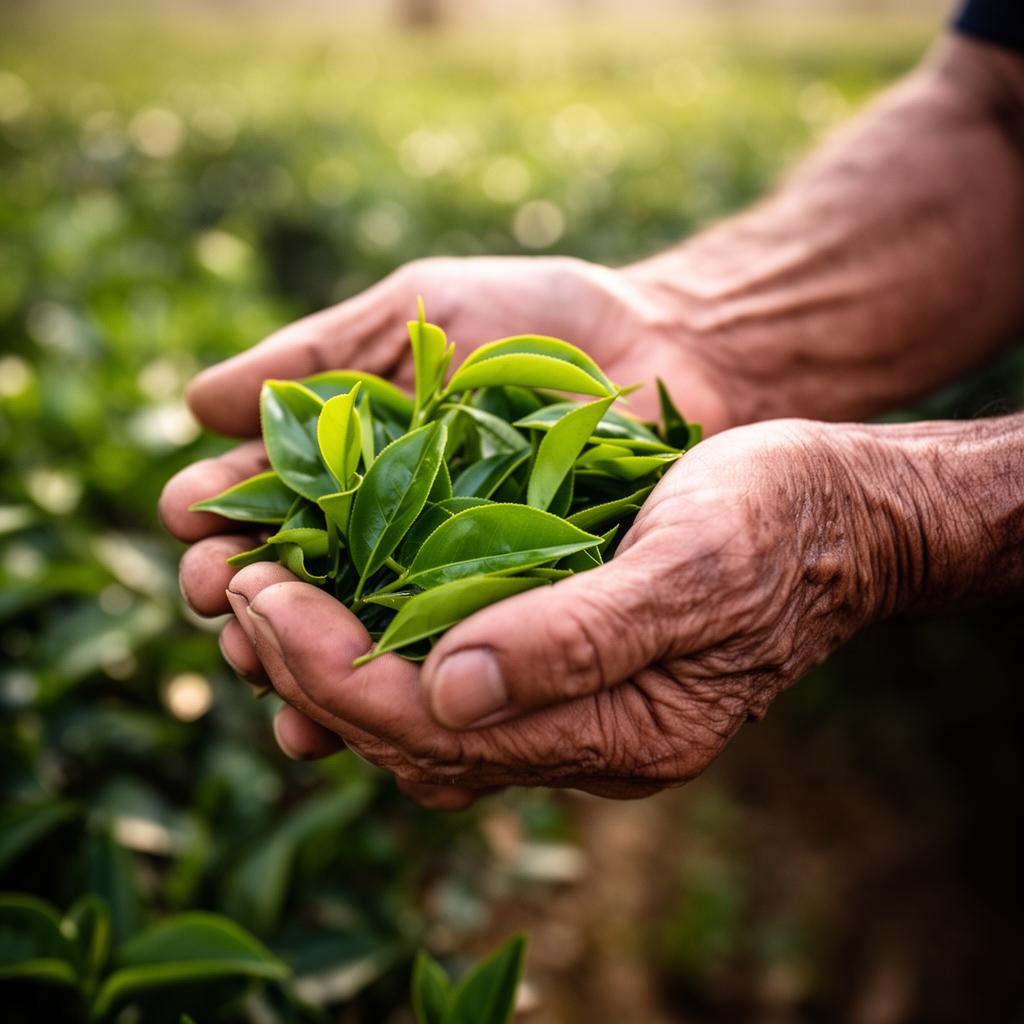 Hands cupping freshly picked tea leaves